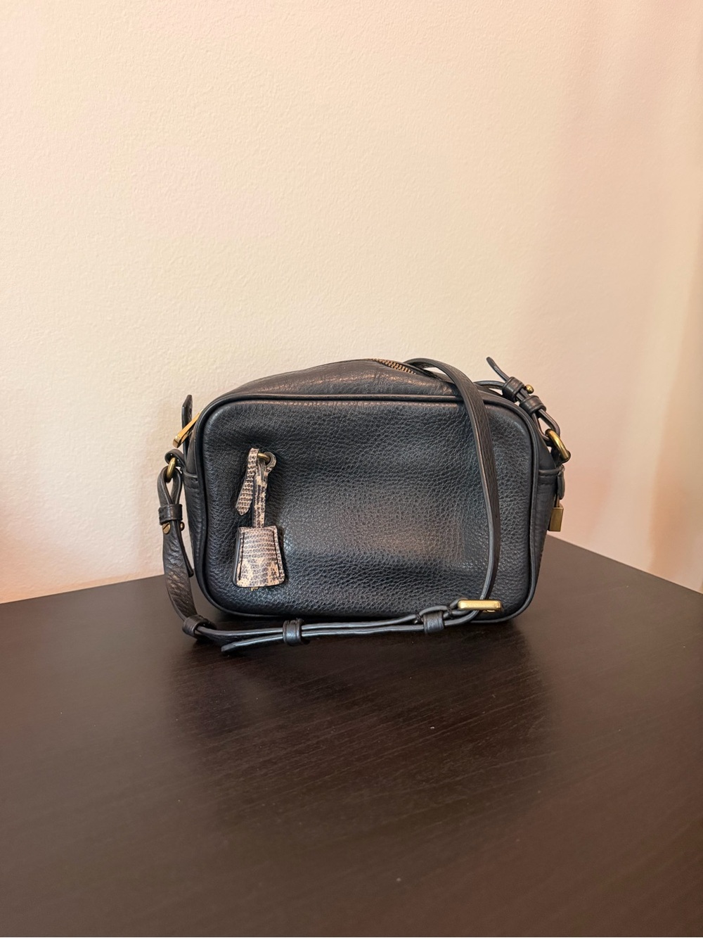 J. Crew Signet Black Leather Crossbody Bag with Gold Hardware & Snakeskin Detail